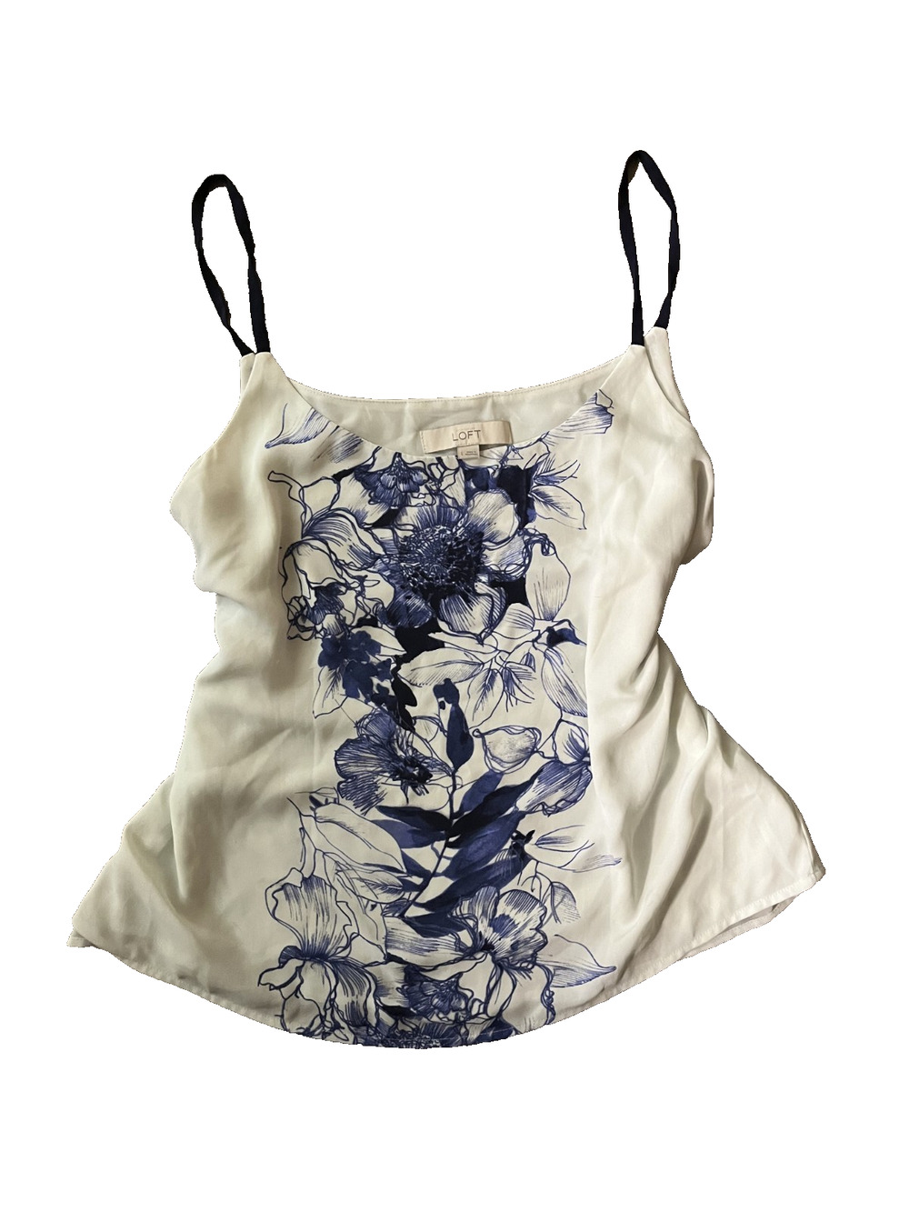 Women's Loft Size Large Lined White Tank Top Blouse Blue Foral Detail Classic